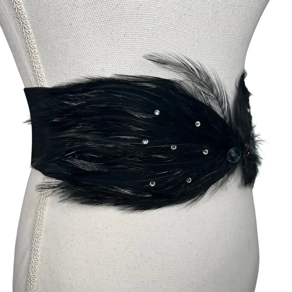 Vintage 90s Size Medium Large Black Feather Rhinestone Belt Wide Stretch Cinch